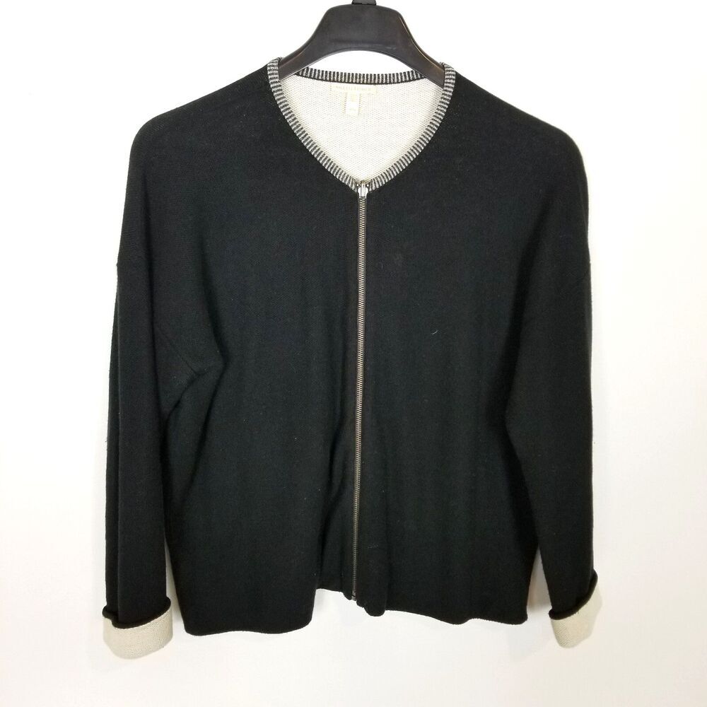 Eileen Fisher Women 100% Organic Cotton Full‎ Zip Double Layer Knit Sweater Sz M